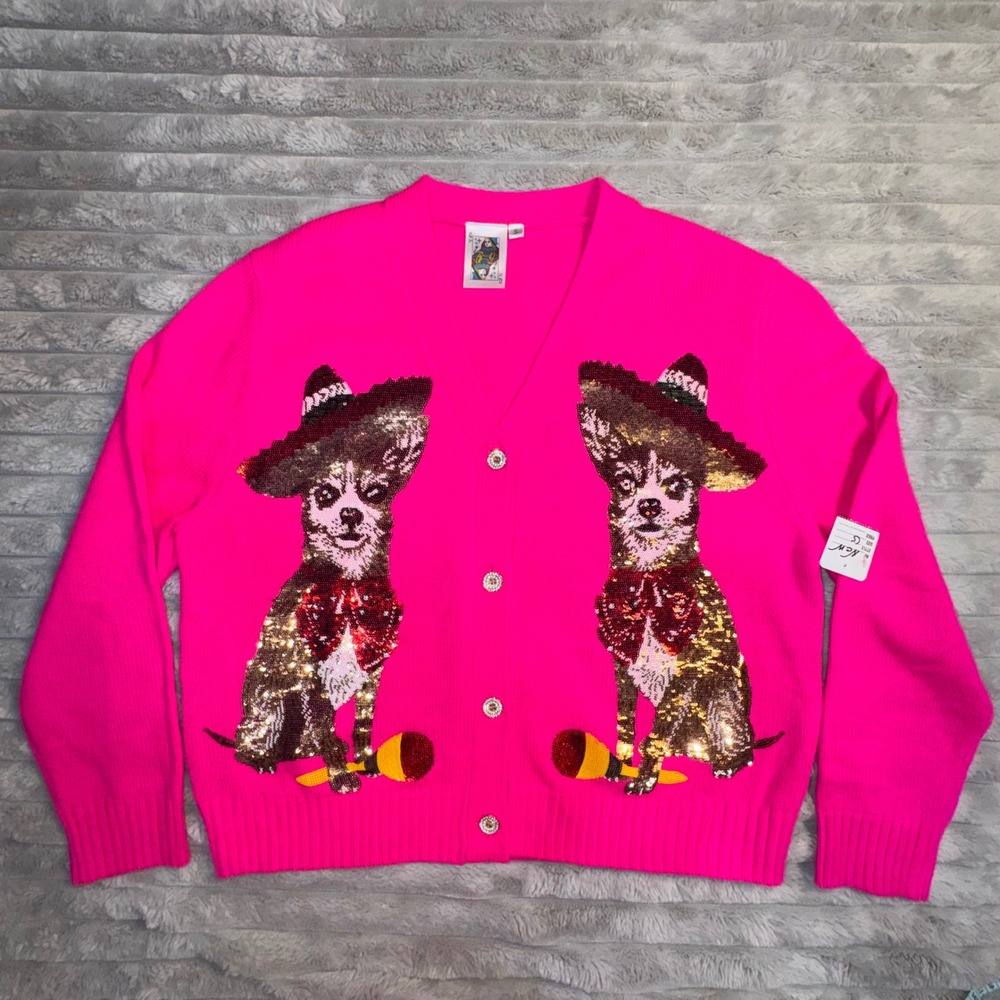 Queen of Sparkles Pink Chihuahua Sequin Cardigan Sweater Sombrero Maraca Small - Picture 6 of 13
